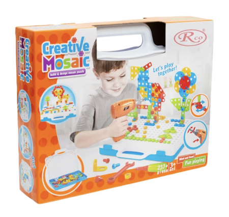 Puzzle pentru Copii 1-6 ani - Joc mozaic creativ STEM cu bormasina electrica de jucarie cu 237 piese