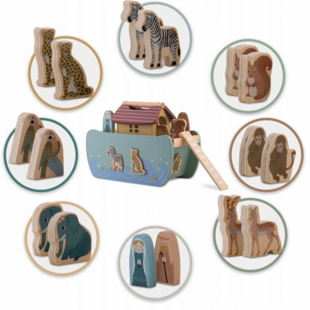 Jucarie educativa Arca lui Noe din lemn cu animalute, 17.5 x 13.5 x 20 cm, Nukido NK-862 [3]