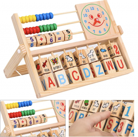 Jucarii Copii - Jucarie educativa Tabla didactica cu Abac Ceas Cifre Litere lemn