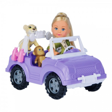 Papusi si Accesorii - Papusa Simba Evi Love Safari 12 cm cu masinuta, animale si accesorii