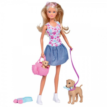Papusi si Accesorii - Papusa Simba Steffi Love Puppy Walk 29 cm cu 2 figurine si accesorii
