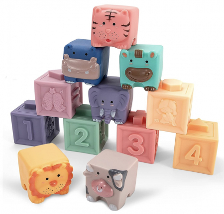 Jucarii Copii 1-2 ani - Set 12 Cuburi moi si senzoriale pentru bebelusi cu animale si texturi Soft Blocks