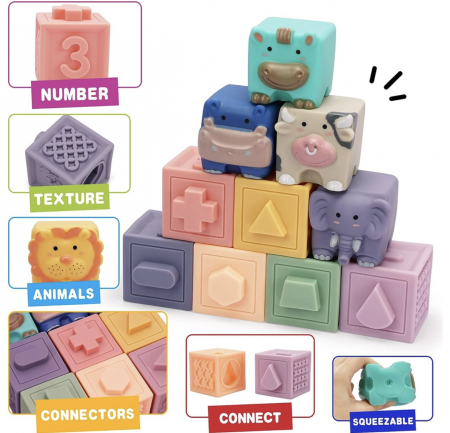 Set 12 Cuburi moi si senzoriale pentru bebelusi cu animale si texturi Soft Blocks [4]