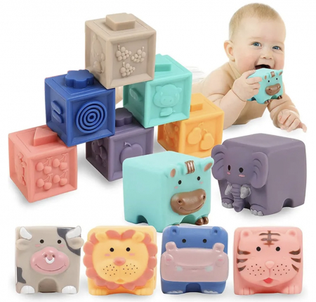 Set 12 Cuburi moi si senzoriale pentru bebelusi cu animale si texturi Soft Blocks [5]