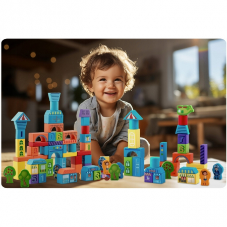 Set educational cu blocuri din lemn, 100 bucati, Ricokids RK-871 - Orasel [2]