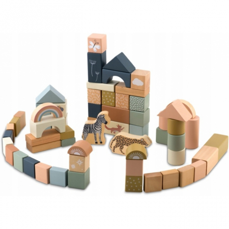 Jucarii Interactive - Set educational cu blocuri din lemn, 70 bucati, Nukido NK-858