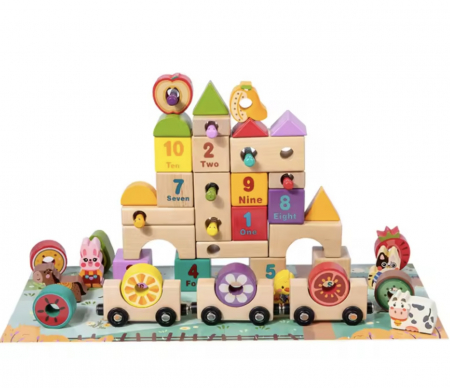 Jucarii Copii - Set educativ cu 30 cuburi din lemn si trenulet magnetic, 3 ani