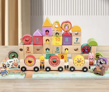 Set educativ cu 30 cuburi din lemn si trenulet magnetic, 3 ani [1]