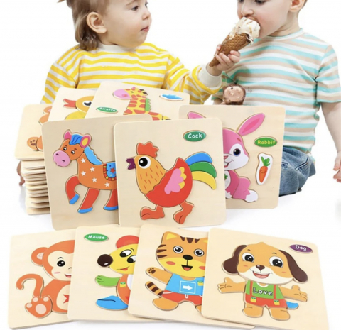 Nevoi Speciale, Autism si Sindromul Down - Set 5 mini Puzzle din lemn pentru copii model clasic
