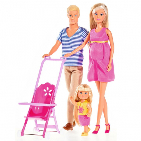 Papusi si Accesorii - Set Simba papusi Steffi Love Happy Family cu 3 papusi, carucior si accesorii