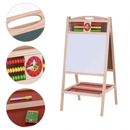 Alfabet si Matematica - Tabla multifunctionala dubla din lemn, 90x45cm cu 2 fete + ceas, abacus set creta colorata si buretel