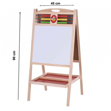 Tabla multifunctionala dubla din lemn, 90x45cm cu 2 fete + ceas, abacus set creta colorata si buretel [3]