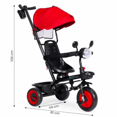 Tricicleta 3 in 1 pentru copii, scaun rotativ 360°, roti din spuma EVA, Ecotoys WQL-066-51 - Rosu [13]
