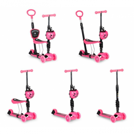 Trotineta 5 in 1 cu sezut si 3 roti cu LED Ecotoys YM-SW-6 - Roz [2]