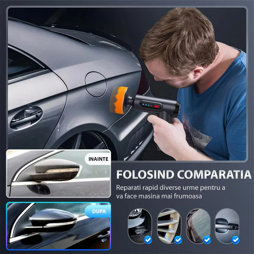 Masina de Polisat Auto Portabila, 3 Discuri Polish + 3 Discuri Polish CADOU, Rezistent la uzura, Port de incarcare USB, Sistem de racire cu aer, 1300 RPM, 7.4V, 2x2000mAh, Negru/Gri, WOZARO [3]