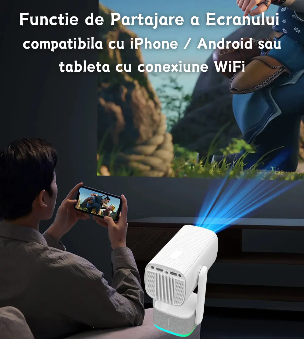 Videoproiector Portabil K2, 1280x720p FullHD, Suport 4K, Android 11, Intrare HDMI-USB-Bluetoouth 5.0, Banda 2.5-5G WIFI-WIFI6, Compatibil Android-iOS, Baterie si Difuzor incorporat, 160 ANSI, Alb - WOZARO [7]