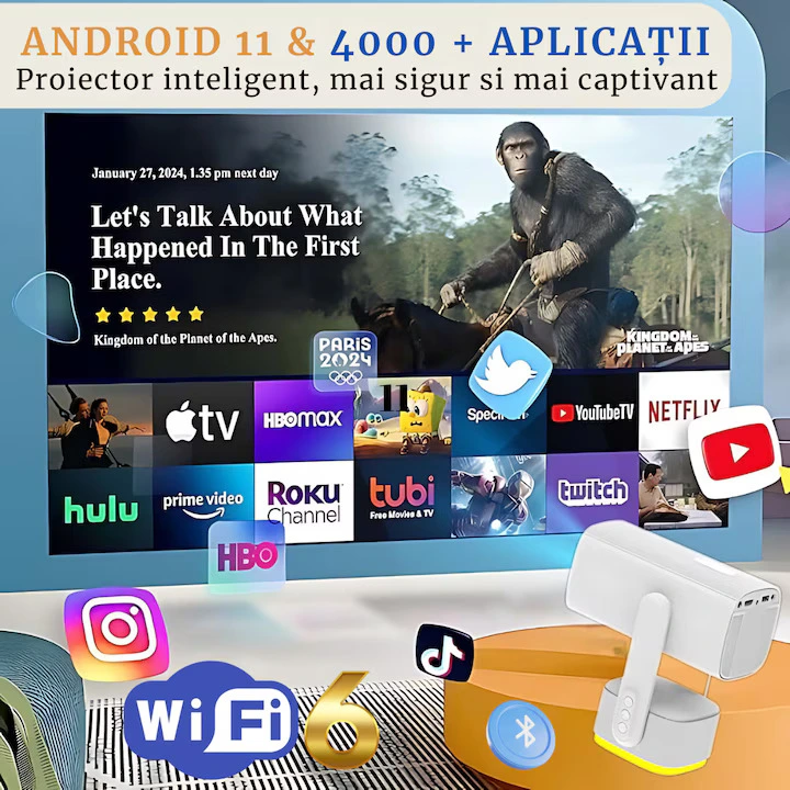 Videoproiector Portabil K2, 1280x720p FullHD, Suport 4K, Android 11, Intrare HDMI-USB-Bluetoouth 5.0, Banda 2.5-5G WIFI-WIFI6, Compatibil Android-iOS, Baterie si Difuzor incorporat, 160 ANSI, Alb - WOZARO [5]