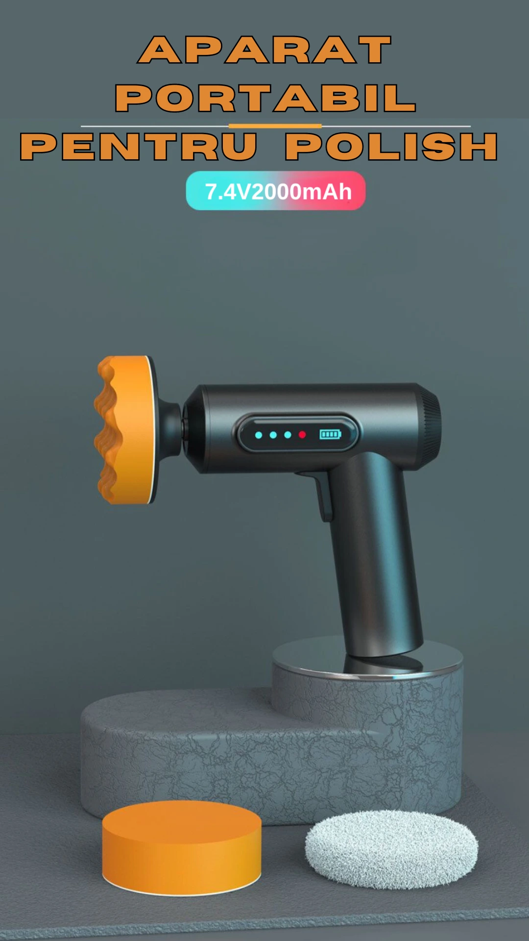 Masina de Polisat Auto Portabila, 3 Discuri Polish + 3 Discuri Polish CADOU, Rezistent la uzura, Port de incarcare USB, Sistem de racire cu aer, 1300 RPM, 7.4V, 2x2000mAh, Negru/Gri, WOZARO [5]