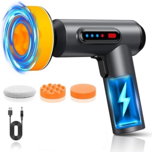 Masina de Polisat Auto Portabila, 3 Discuri Polish + 3 Discuri Polish CADOU, Rezistent la uzura, Port de incarcare USB, Sistem de racire cu aer, 1300 RPM, 7.4V, 2x2000mAh, Negru/Gri, WOZARO [1]