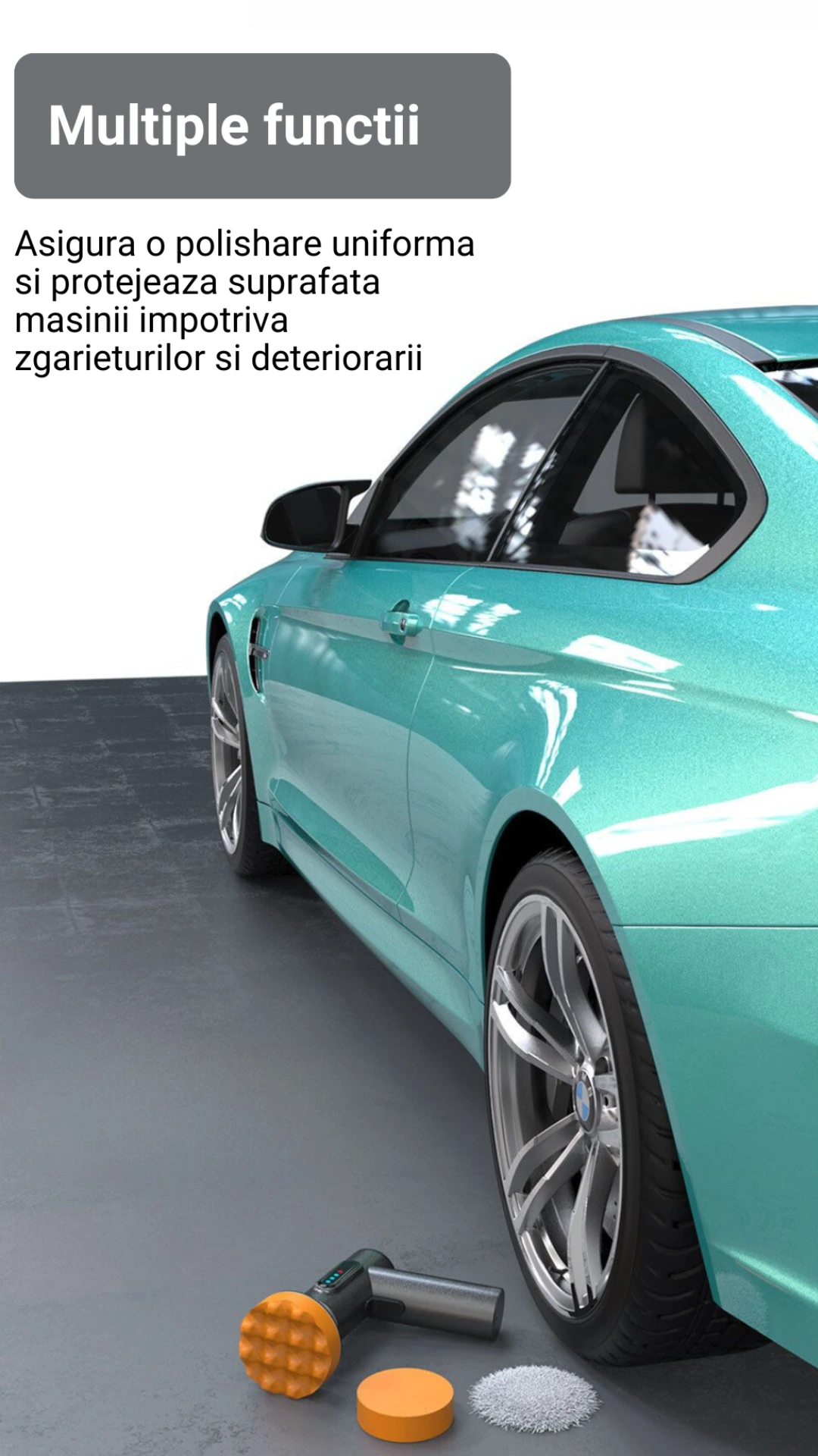 Masina de Polisat Auto Portabila, 3 Discuri Polish + 3 Discuri Polish CADOU, Rezistent la uzura, Port de incarcare USB, Sistem de racire cu aer, 1300 RPM, 7.4V, 2x2000mAh, Negru/Gri, WOZARO [7]