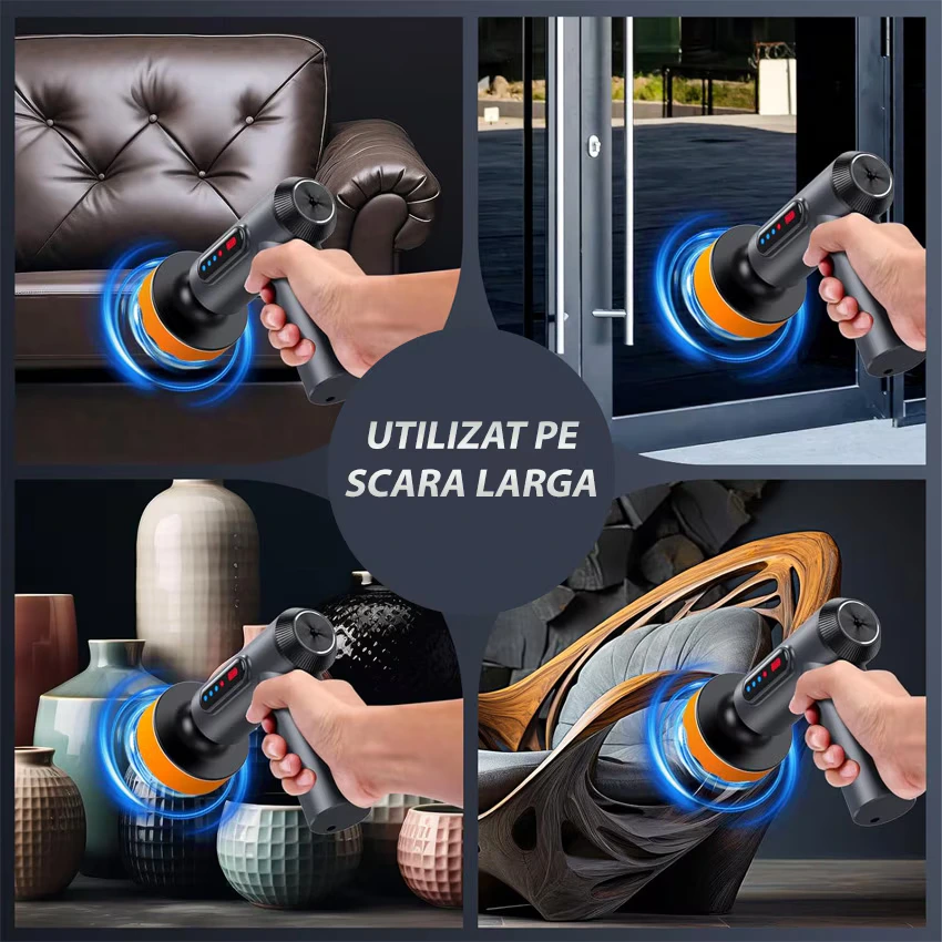 Masina de Polisat Auto Portabila, 3 Discuri Polish + 3 Discuri Polish CADOU, Rezistent la uzura, Port de incarcare USB, Sistem de racire cu aer, 1300 RPM, 7.4V, 2x2000mAh, Negru/Gri, WOZARO [3]