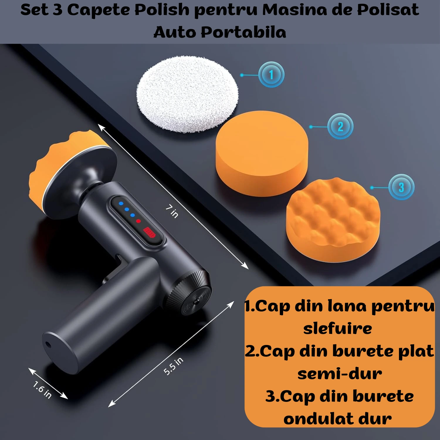 Set 3 Bureti Polish pentru Masina de Polisat Auto Portabila, 1x burete ondulat dur, 1x burete plat semi-dur, 1 xdin lana pentru slefuire-WOZARO [3]