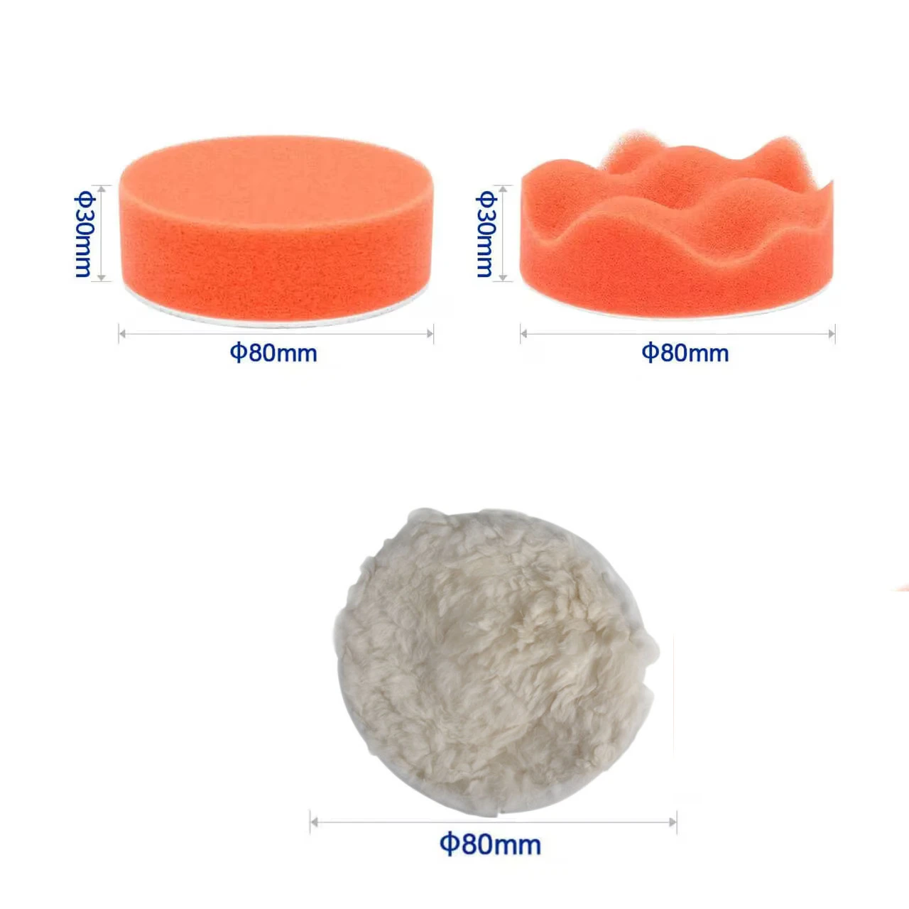 Set 3 Bureti Polish pentru Masina de Polisat Auto Portabila, 1x burete ondulat dur, 1x burete plat semi-dur, 1 xdin lana pentru slefuire-WOZARO [1]