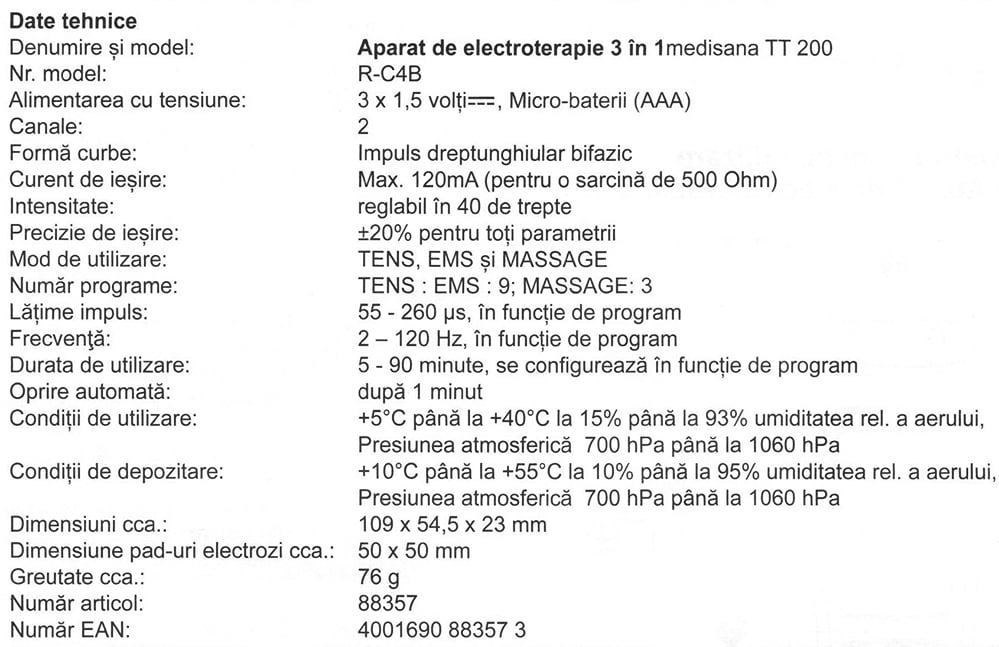Aparat-electrostimulare-musculara-Medisana-TT200-88357-specificatii-tehnice