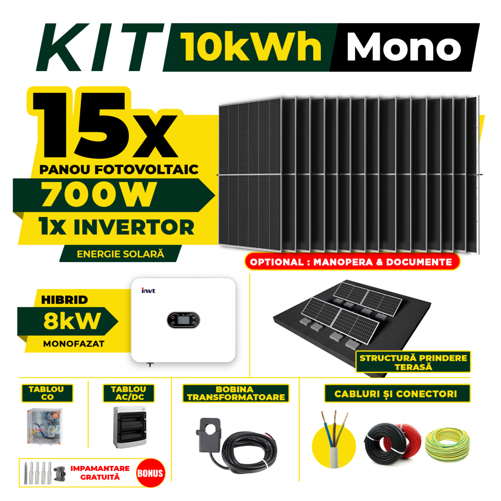 Kit Complet Sistem Fotovoltaic 10kW Hibrid monofazat, Optiune Montaj, Invertor INVT si 15 panouri fotovoltaice  AustrianSolar 700W - Copie [8]