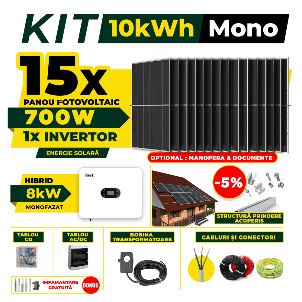 Kit Complet Sistem Fotovoltaic 10kW Hibrid monofazat, Optiune Montaj, Invertor INVT si 15 panouri fotovoltaice  AustrianSolar 700W - Copie [1]
