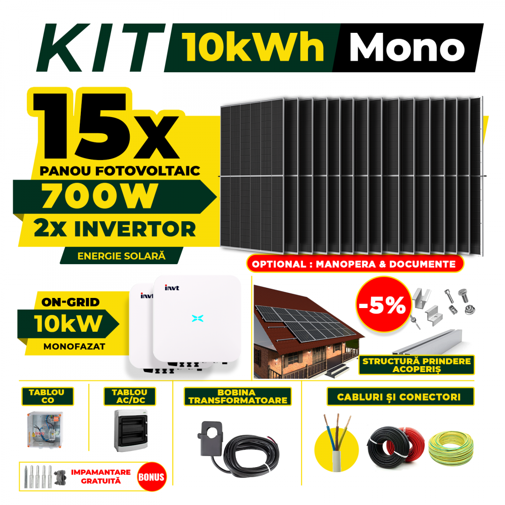 Kit Complet Sistem Fotovoltaic 10kW On-Grid monofazat, Optiune Montaj, Invertor INVT si 15 panouri fotovoltaice  AustrianSolar 700W [1]