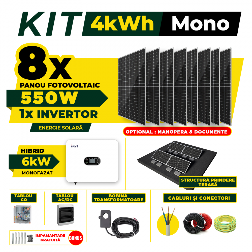 Kit Complet Sistem Fotovoltaic 4kW Hibrid monofazat, Optiune Montaj, Invertor INVT XD6KTL si 8 panouri fotovoltaice Austrian Solar 550W [9]