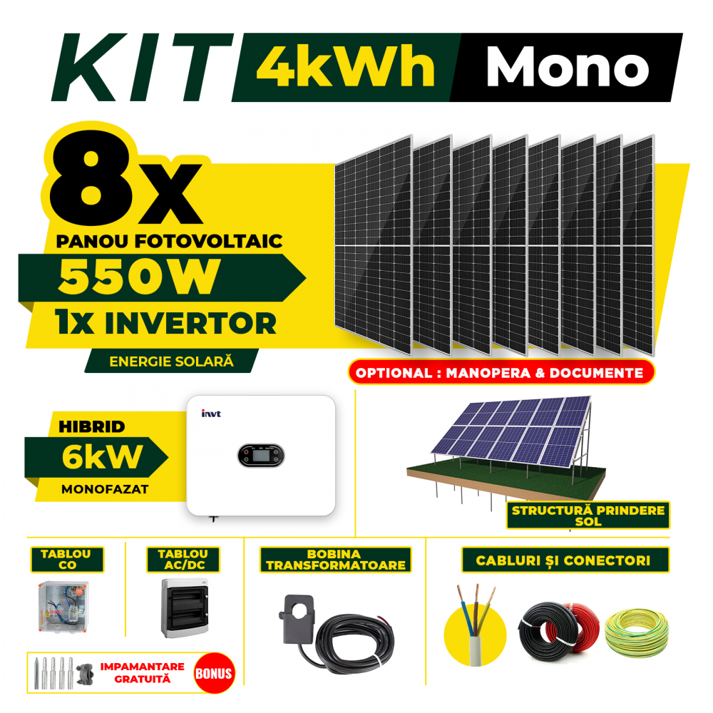Kit Complet Sistem Fotovoltaic 4kW Hibrid monofazat, Optiune Montaj, Invertor INVT XD6KTL si 8 panouri fotovoltaice Austrian Solar 550W [8]