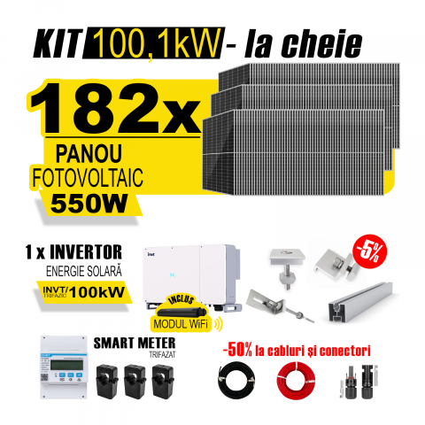 SISTEME FOTOVOLTAICE COMPLETE - Kit Complet Sistem Fotovoltaic 100kW On-Grid TRIFAZAT, cu Montaj, Invertor INVT si 182 panouri fotovoltaice Austrian Solar, 550W