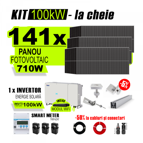 SISTEME FOTOVOLTAICE COMPLETE - Kit Complet Sistem Fotovoltaic 100kW On-Grid trifazic, cu Montaj, Invertor INVT si 141 panouri fotovoltaice X-energy Longi 710 W