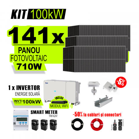 KIT INVERTOR SI PANOURI FOTOVOLTAICE - Kit Complet Sistem Fotovoltaic 100kW On-Grid trifazic, Tabla cutata/Panou sandwich Micro, Invertor INVT si 141 panouri fotovoltaice X-energy Longi 710 W