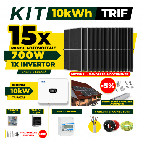 SISTEME FOTOVOLTAICE COMPLETE - Kit Complet Sistem Fotovoltaic 10kW Hibrid Trifazat, Optiune Montaj, Invertor INVT si 15 panouri fotovoltaice Austrian Solar, 700W