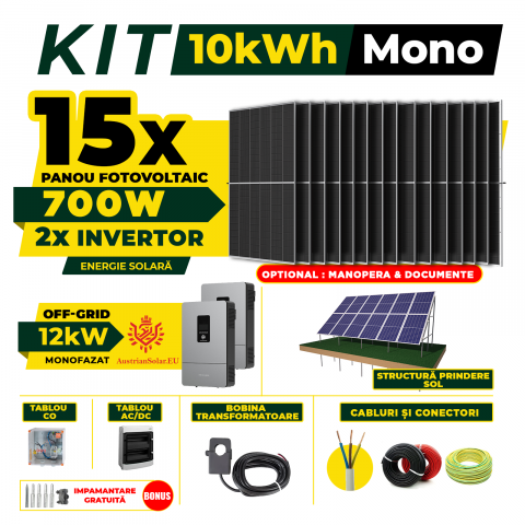Kit Complet Sistem Fotovoltaic 10kWh Austrian Solar Monofazat, Invertor Off-Grid ,Panouri Fotovoltaice 700W (Optiune Montaj + dosar prosumator) [0]