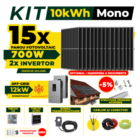 SISTEME FOTOVOLTAICE COMPLETE - Kit Complet Sistem Fotovoltaic 10kW Off-Grid monofazat, Optiune Montaj, Invertor AustrianSolar si 15 panouri fotovoltaice  AustrianSolar 700W - Copie