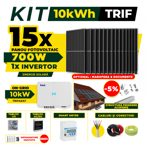 SISTEME FOTOVOLTAICE COMPLETE - Kit Complet Sistem Fotovoltaic 10kW On-Grid Trifazat, Optiune Montaj, Invertor INVT si 15 panouri fotovoltaice Austrian Solar, 700W