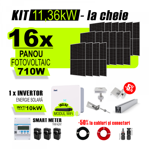 SISTEME FOTOVOLTAICE COMPLETE - Kit Complet Sistem Fotovoltaic 11kW On-Grid trifazic , cu Montaj, Invertor INVT si 16 panouri fotovoltaice X-energy Longi 710 W