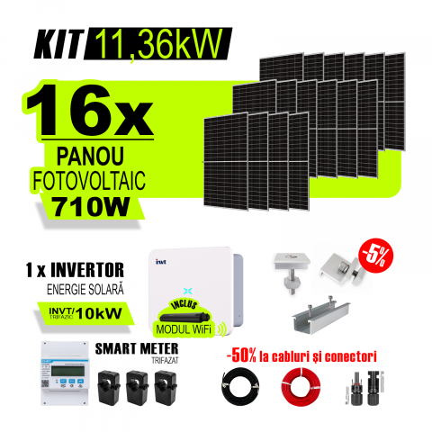 KIT INVERTOR SI PANOURI FOTOVOLTAICE - Kit Complet Sistem Fotovoltaic 11,36kW On-Grid trifazic , Tabla cutata/Panou sandwich Micro, Invertor INVT si 16 panouri fotovoltaice X-energy Longi 710 W