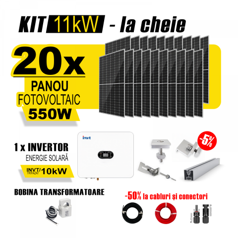 SISTEME FOTOVOLTAICE COMPLETE - Kit Complet Sistem Fotovoltaic 11kW Hibrid trifazat, cu Montaj, Invertor INVT XD10KTR si 20 panouri fotovoltaice Austrian Solar, 550W