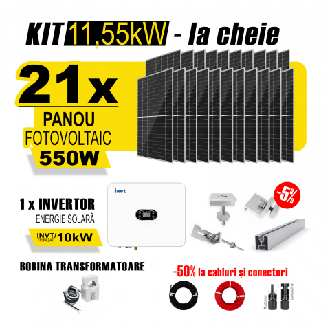 SISTEME FOTOVOLTAICE COMPLETE - Kit Complet Sistem Fotovoltaic 11kW Hibrid trifazat, cu Montaj, Invertor INVT XD10KTR si 21 panouri fotovoltaice Austrian Solar, 550W