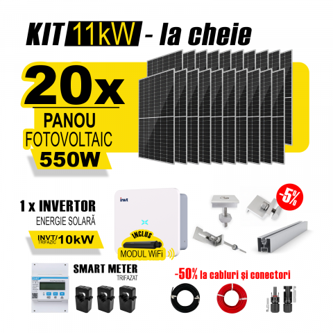 SISTEME FOTOVOLTAICE COMPLETE - Kit Complet Sistem Fotovoltaic 11kW On-Grid TRIFAZAT, cu Montaj, Invertor INVT si 20 panouri fotovoltaice Austrian Solar, 550W