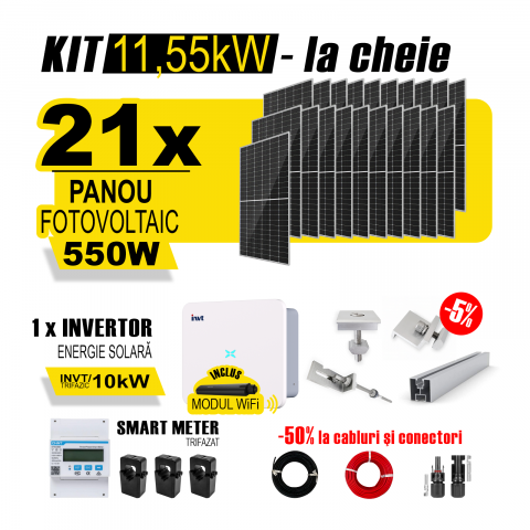 SISTEME FOTOVOLTAICE COMPLETE - Kit Complet Sistem Fotovoltaic 11kW On-Grid TRIFAZAT, cu Montaj, Invertor INVT si 21 panouri fotovoltaice Austrian Solar, 550W