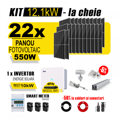 SISTEME FOTOVOLTAICE COMPLETE - Kit Complet Sistem Fotovoltaic 12kW On-Grid TRIFAZAT, cu Montaj, Invertor INVT si 22 panouri fotovoltaice Austrian Solar, 550W