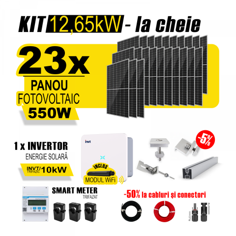 SISTEME FOTOVOLTAICE COMPLETE - Kit Complet Sistem Fotovoltaic 12kW On-Grid TRIFAZAT, cu Montaj, Invertor INVT si 23 panouri fotovoltaice Austrian Solar, 550W