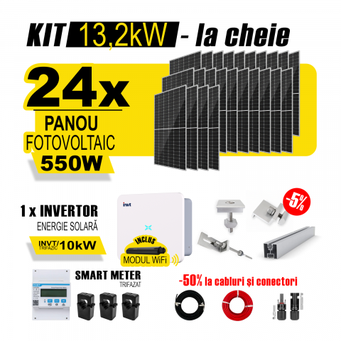 SISTEME FOTOVOLTAICE COMPLETE - Kit Complet Sistem Fotovoltaic 13kW On-Grid TRIFAZAT, cu Montaj, Invertor INVT si 24 panouri fotovoltaice Austrian Solar, 550W