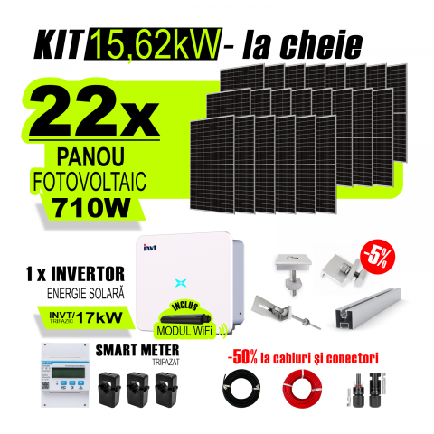 SISTEME FOTOVOLTAICE COMPLETE - Kit Complet Sistem Fotovoltaic 15kW On-Grid trifazic, cu Montaj, Invertor INVT si 22 panouri fotovoltaice X-energy Longi 710 W